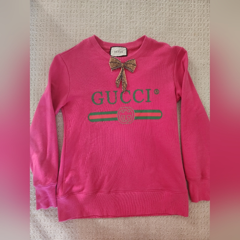 Gucci Hot Pink Logo Crewneck Sweater with Green Stripe & Gold Bow